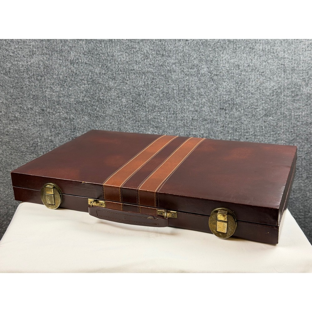 Vintage Backgammon Complete Set W/ Travel Leather Briefcase Case Marbled Chips